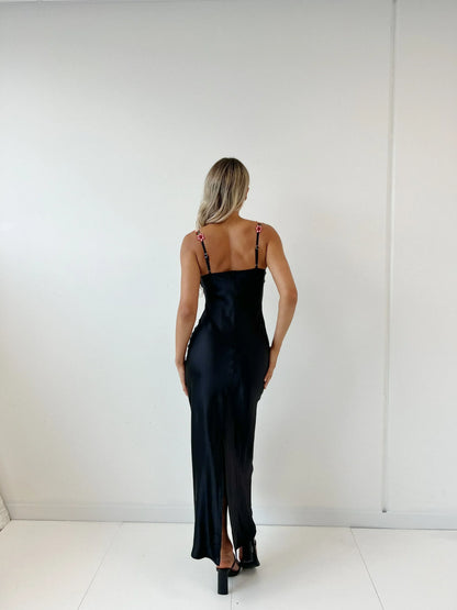 Vestido largo mujer negro con bordado floral