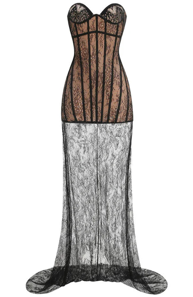 Vestido largo de mujer negro con corpiño de encaje
