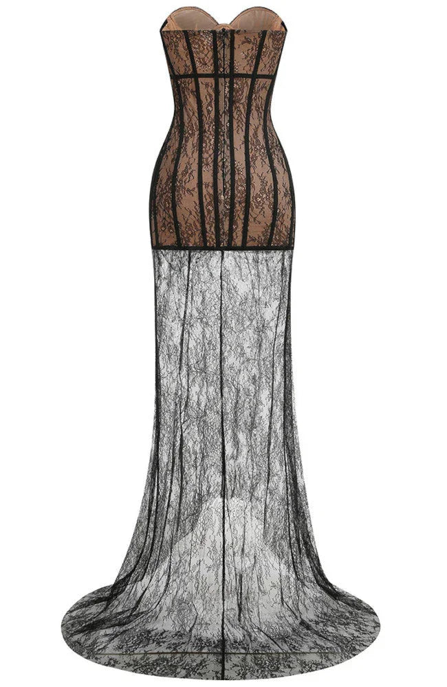 Vestido largo de mujer negro con corpiño de encaje