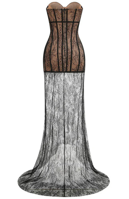 Vestido largo de mujer negro con corpiño de encaje