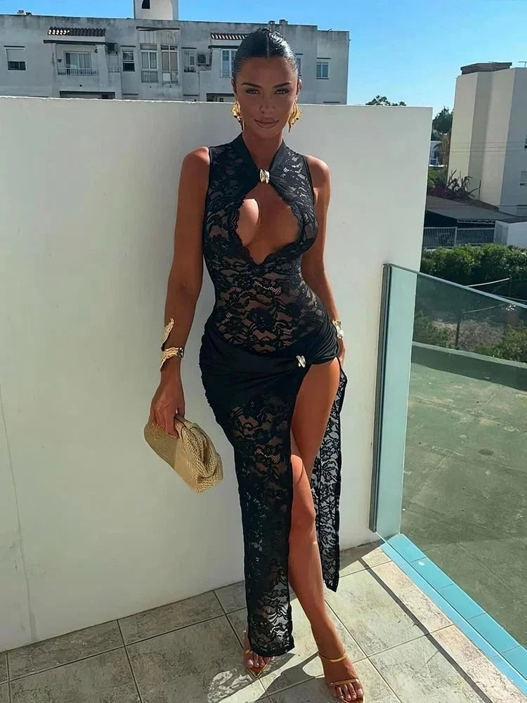 Vestido largo mujer negro de encaje con recortes atrevidos
