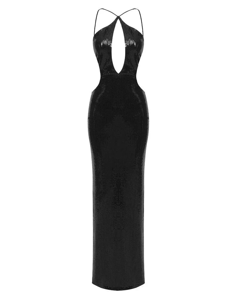 Vestido largo negro de lentejuelas para mujer