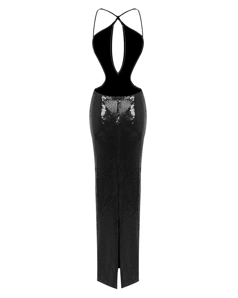Vestido largo negro de lentejuelas para mujer