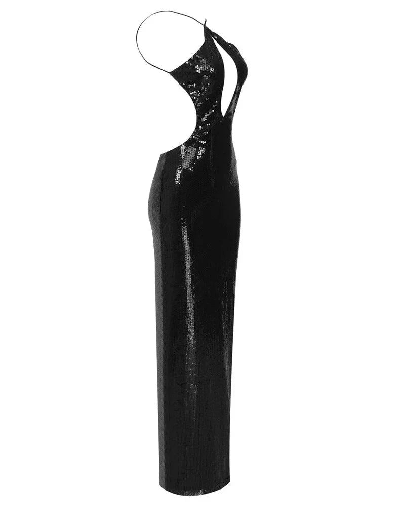 Vestido largo negro de lentejuelas para mujer