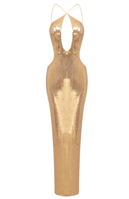 Vestido largo negro de lentejuelas para mujer