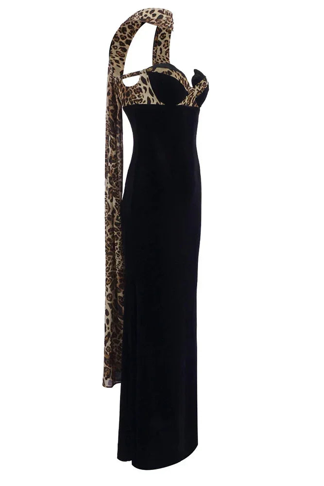 Vestido largo de mujer negro estampado leopardo sin mangas