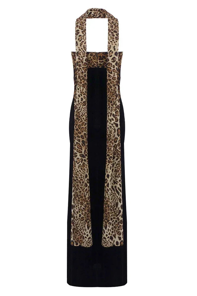 Vestido largo de mujer negro estampado leopardo sin mangas