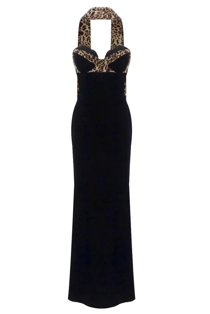 Vestido largo de mujer negro estampado leopardo sin mangas