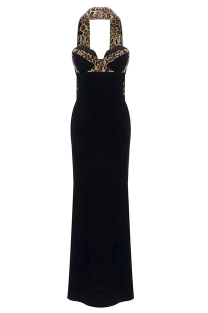 Vestido largo de mujer negro estampado leopardo sin mangas