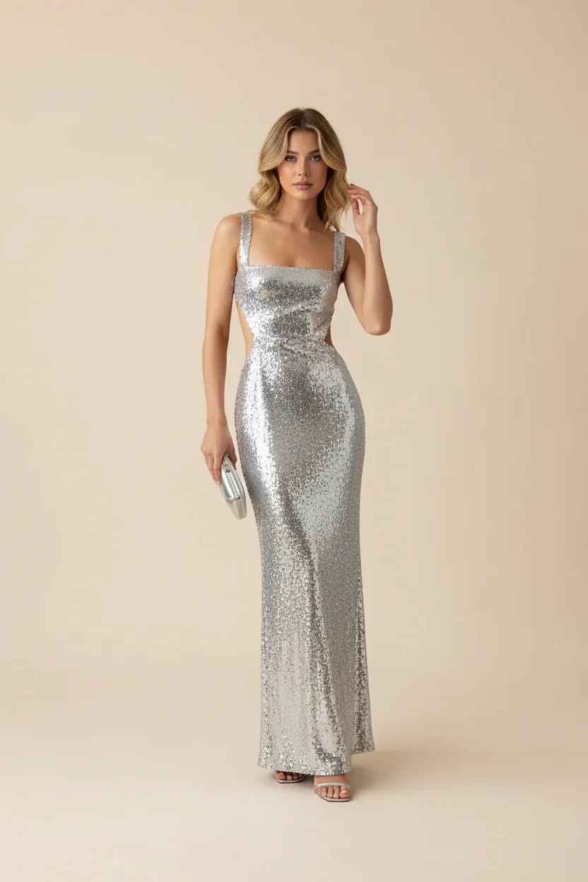 Vestido largo sin mangas con paillettes para mujer