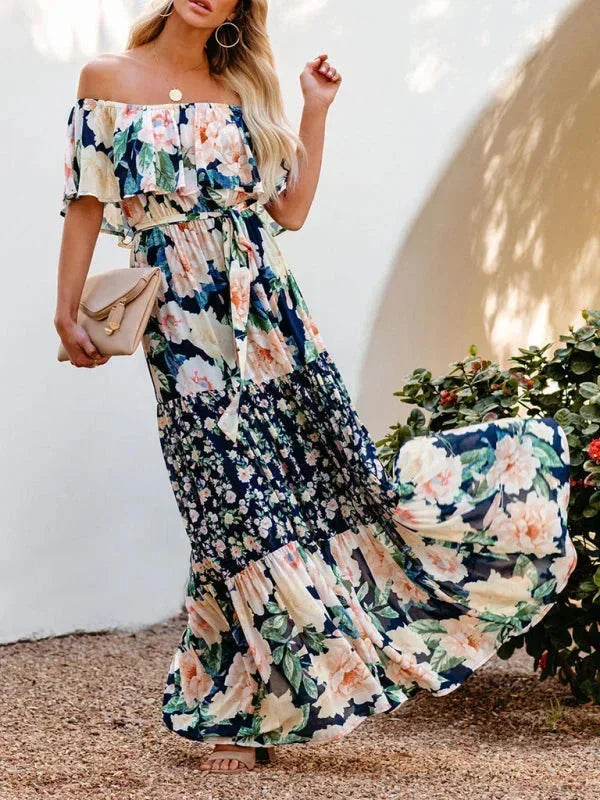 Vestido largo mujer con Hombros descubiertos y estampado floral