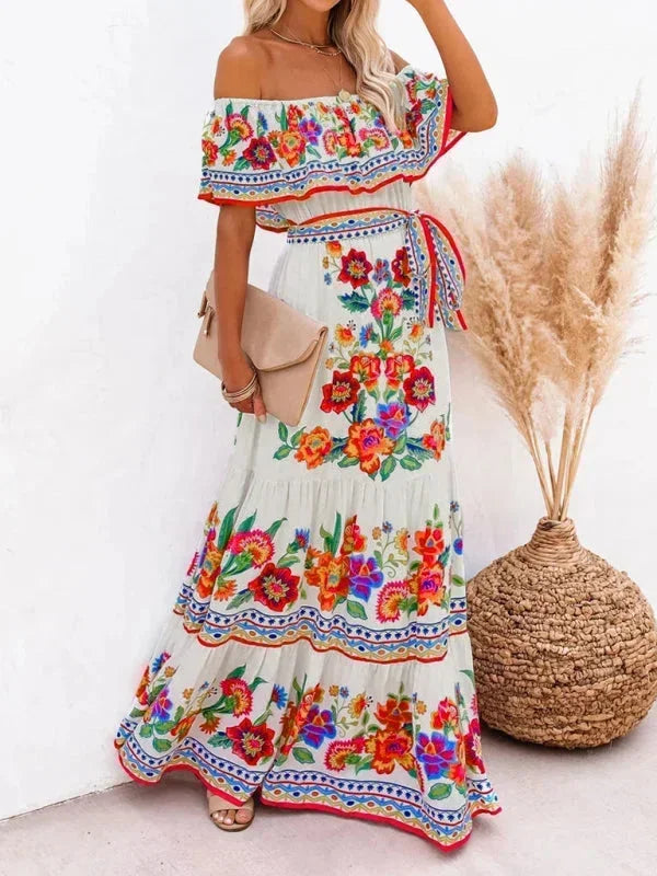 Vestido largo mujer con Hombros descubiertos y estampado floral