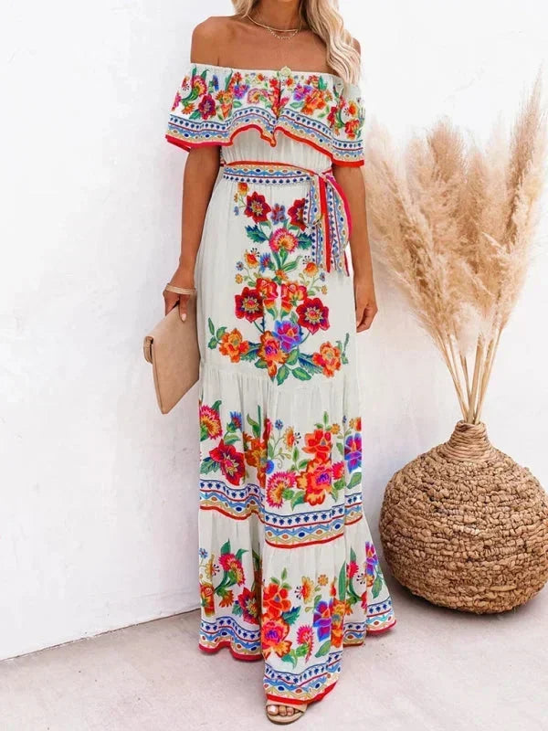 Vestido largo mujer con Hombros descubiertos y estampado floral