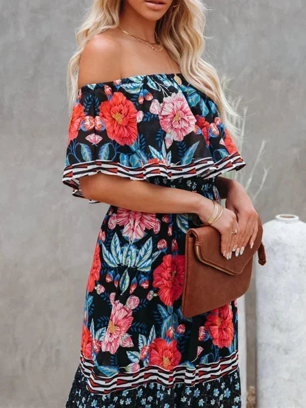 Vestido largo mujer con Hombros descubiertos y estampado floral