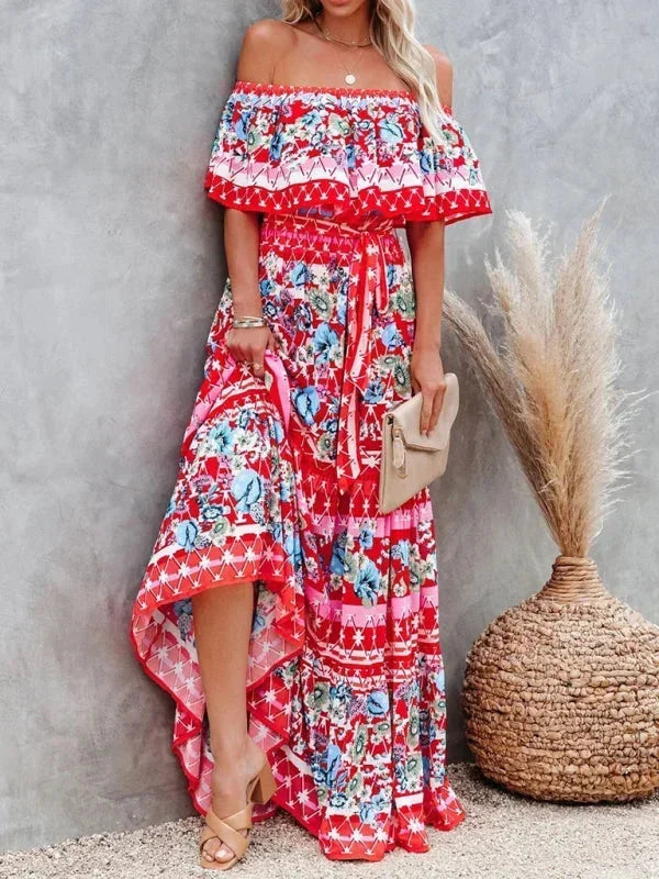 Vestido largo mujer con Hombros descubiertos y estampado floral