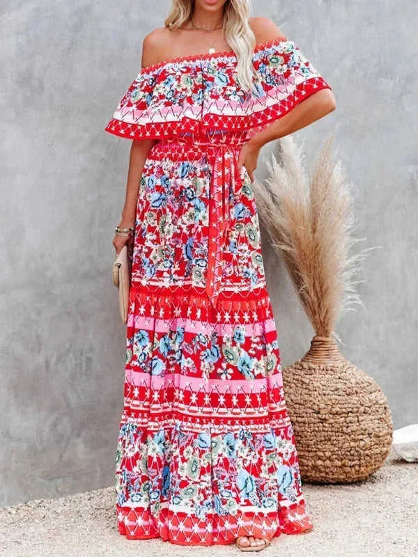 Vestido largo mujer con Hombros descubiertos y estampado floral