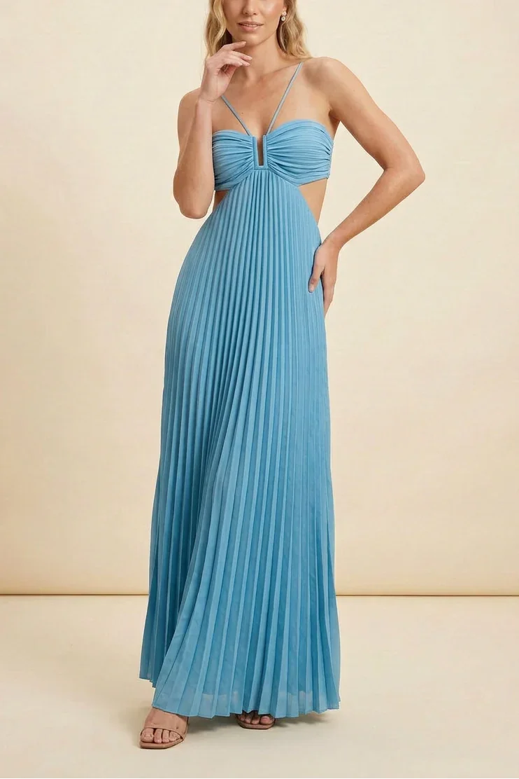 Vestido largo de mujer plisado con espalda descubierta