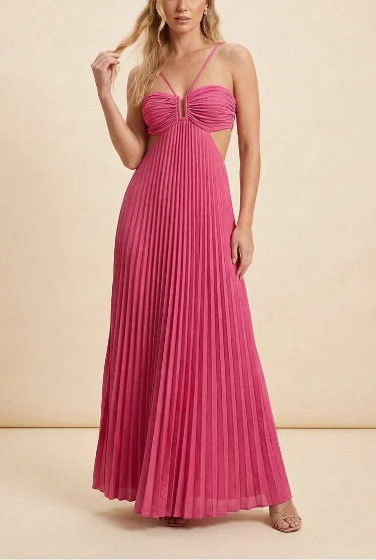 Vestido largo de mujer plisado con espalda descubierta