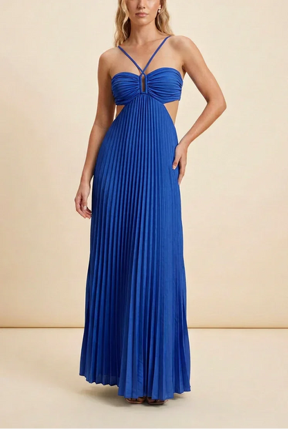 Vestido largo de mujer plisado con espalda descubierta
