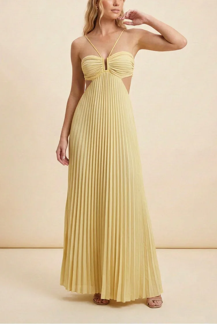 Vestido largo de mujer plisado con espalda descubierta