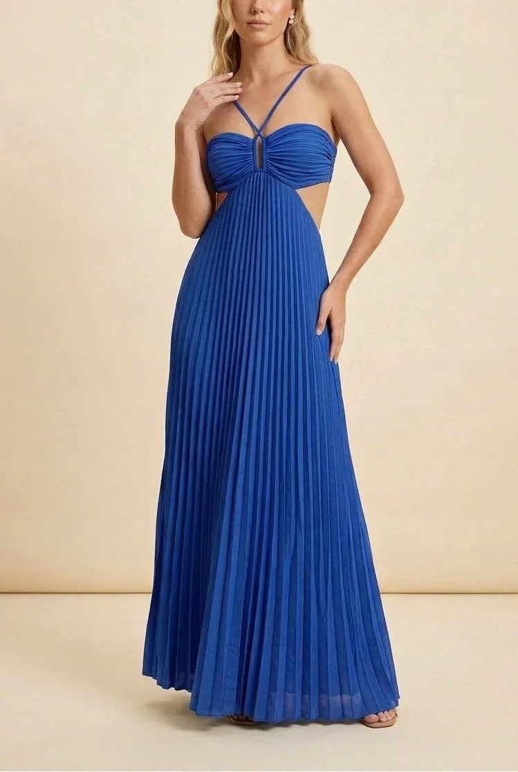 Vestido largo de mujer plisado con espalda descubierta