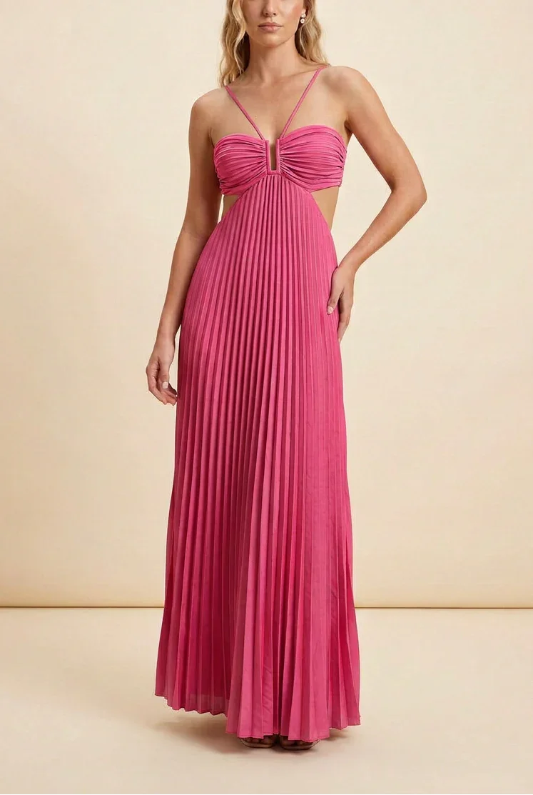 Vestido largo de mujer plisado con espalda descubierta