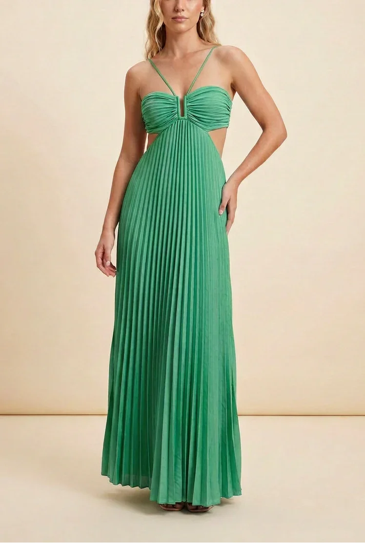 Vestido largo de mujer plisado con espalda descubierta