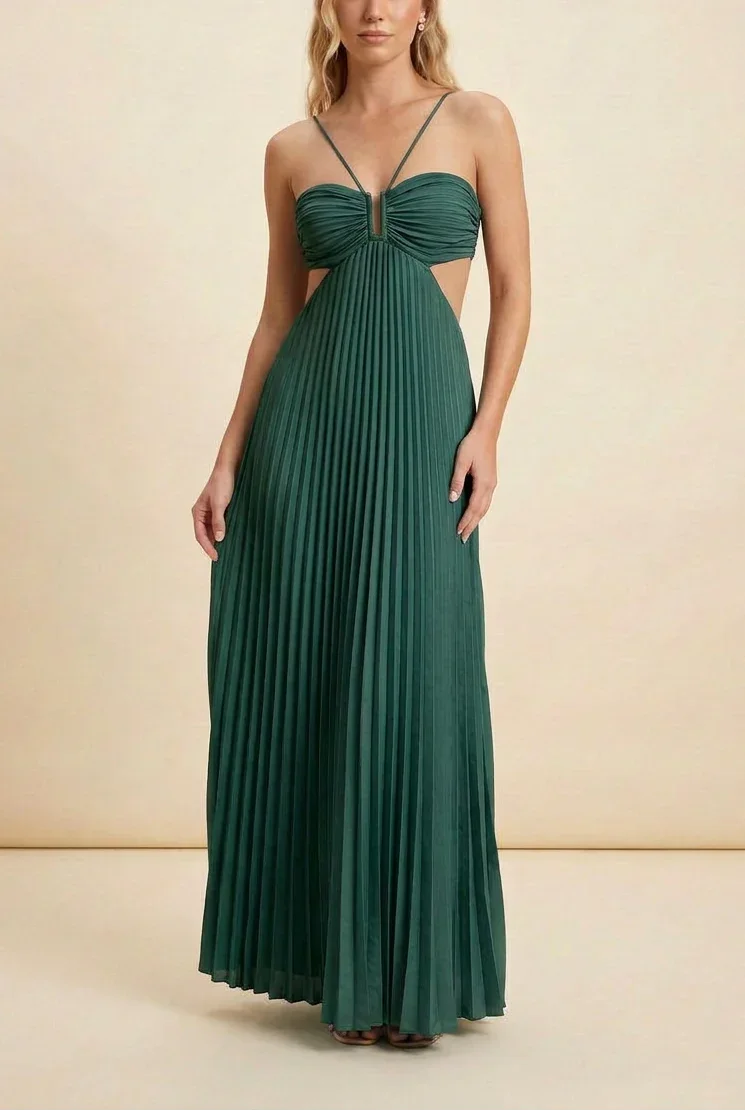 Vestido largo de mujer plisado con espalda descubierta