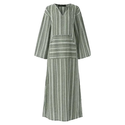 Vestido largo mujer a rayas con escote en V y bolsillos