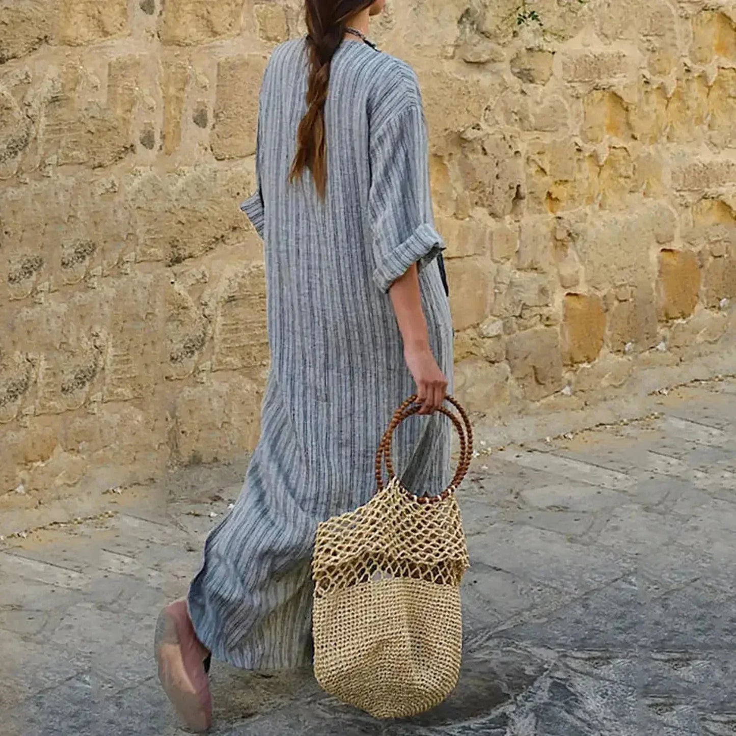 Vestido largo mujer a rayas con escote en V y bolsillos