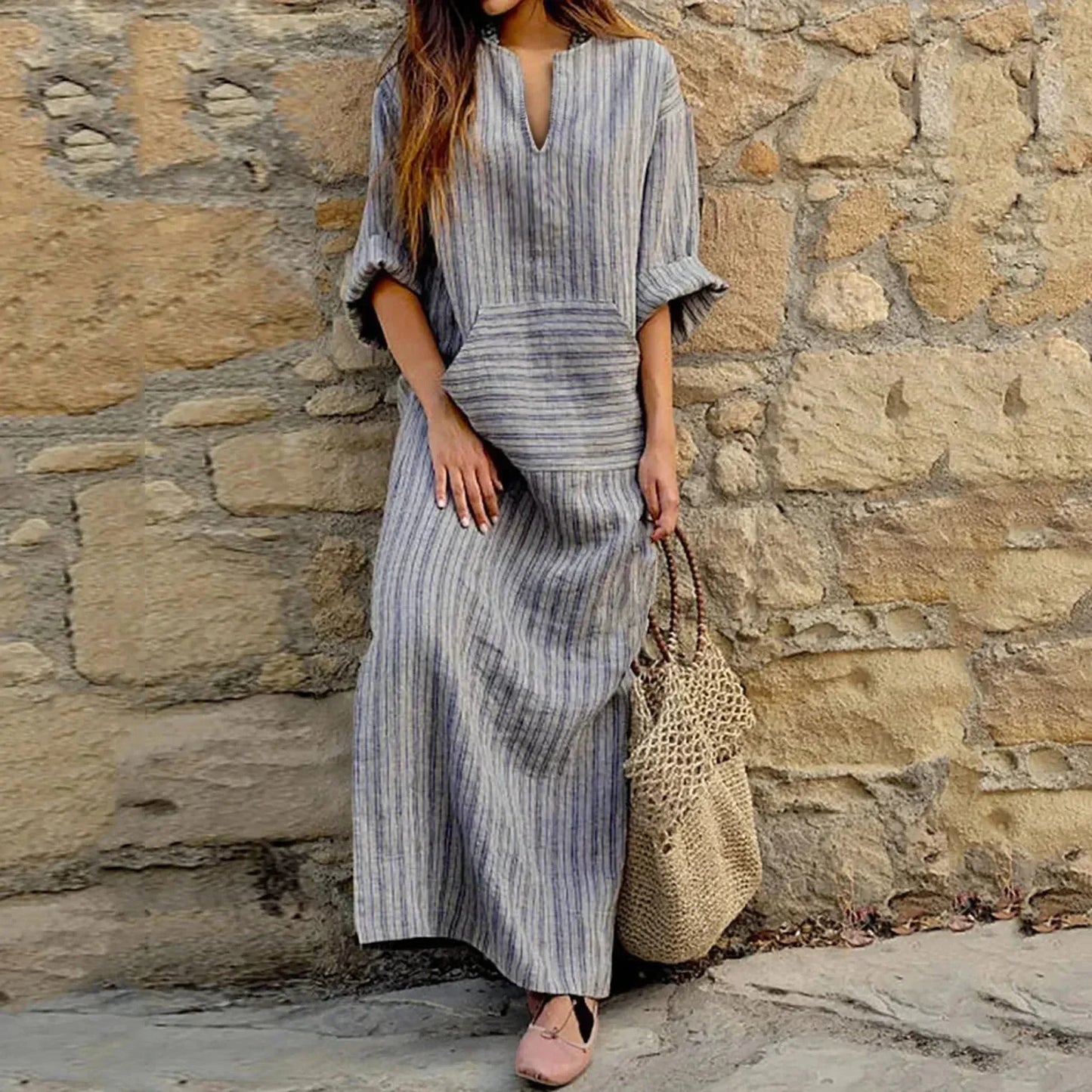 Vestido largo mujer a rayas con escote en V y bolsillos