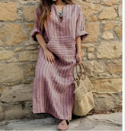 Vestido largo mujer a rayas con escote en V y bolsillos