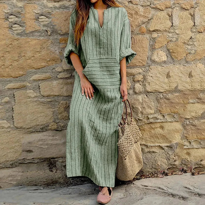 Vestido largo mujer a rayas con escote en V y bolsillos