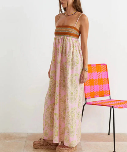 Vestido largo mujer rosa boho con tirantes estampado verano