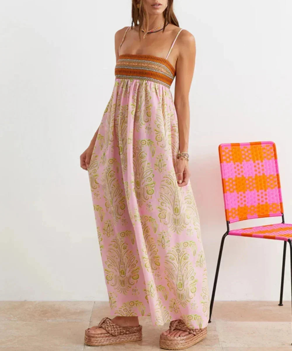 Vestido largo mujer rosa boho con tirantes estampado verano