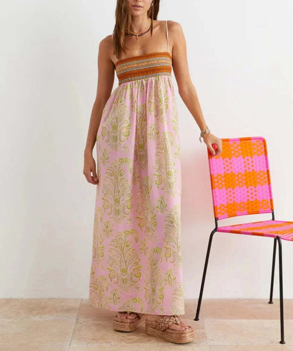 Vestido largo mujer rosa boho con tirantes estampado verano