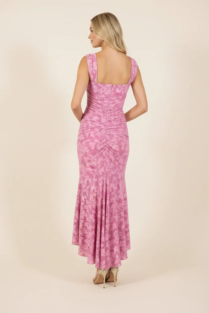 Vestido largo de mujer rosa drapeado floreado