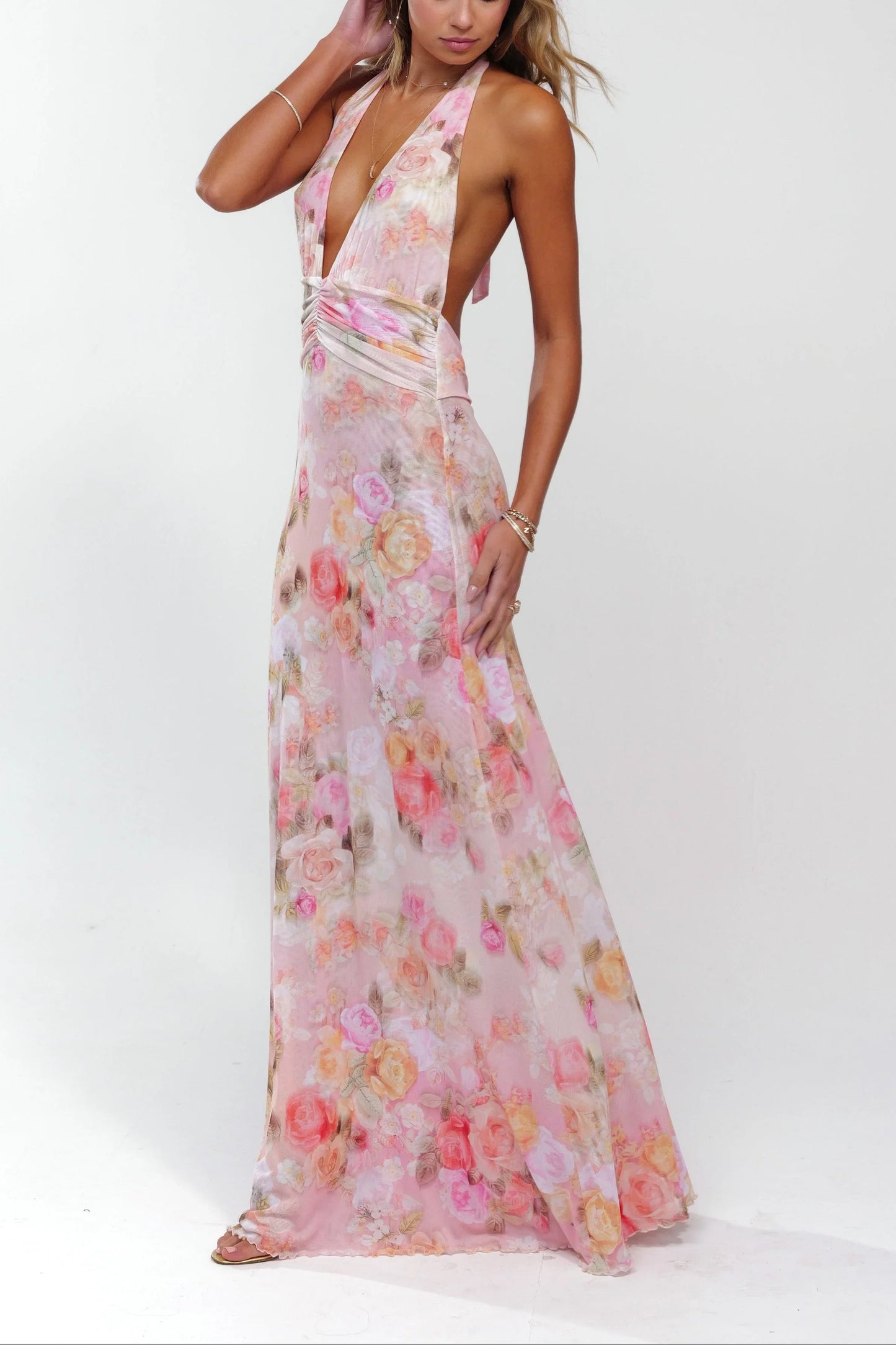 Vestido largo rosa floreado con espalda descubierta para mujer