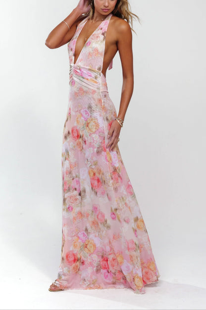 Vestido largo rosa floreado con espalda descubierta para mujer
