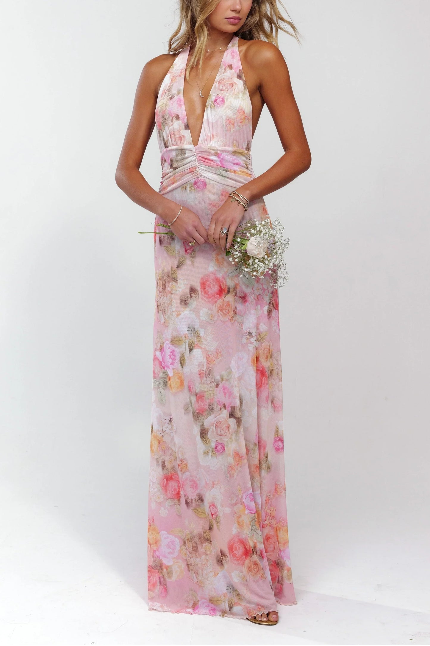 Vestido largo rosa floreado con espalda descubierta para mujer
