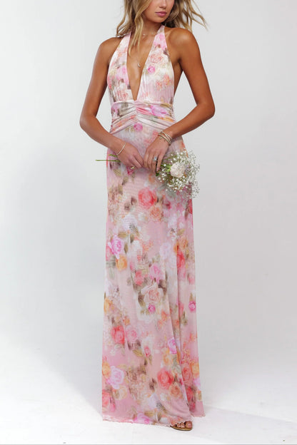 Vestido largo rosa floreado con espalda descubierta para mujer
