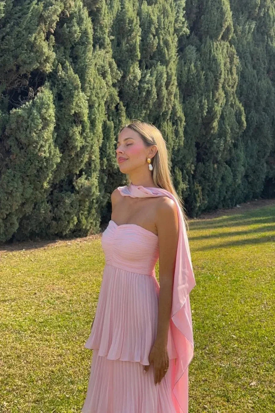 Vestido largo para mujer rosa sin tirantes con diseño en tres capas