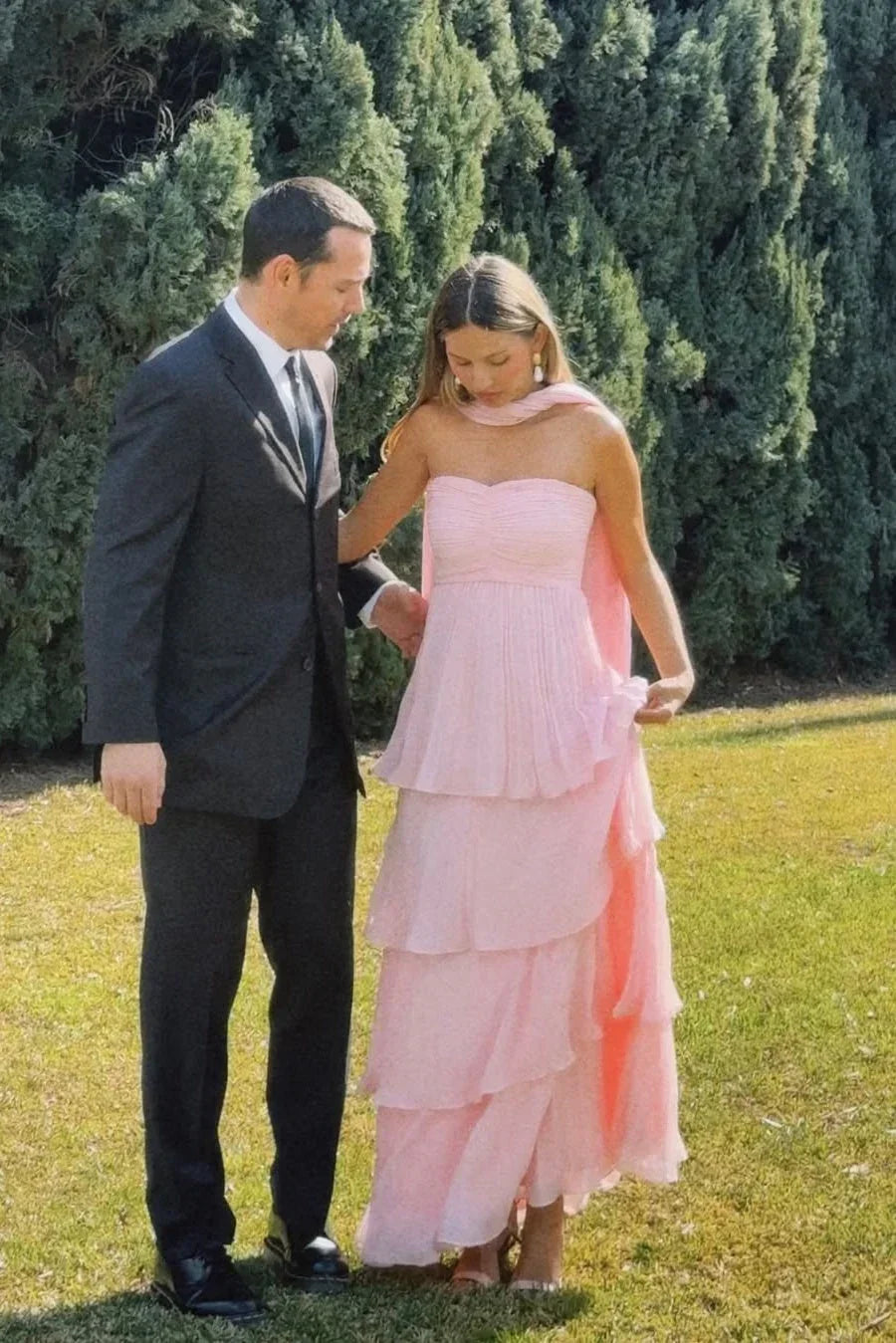 Vestido largo para mujer rosa sin tirantes con diseño en tres capas