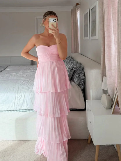 Vestido largo para mujer rosa sin tirantes con diseño en tres capas