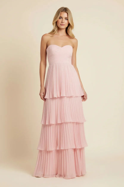 Vestido largo para mujer rosa sin tirantes con diseño en tres capas