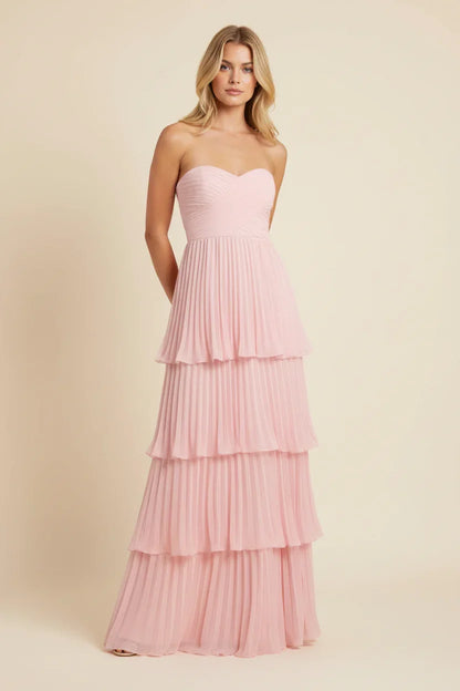 Vestido largo para mujer rosa sin tirantes con diseño en tres capas
