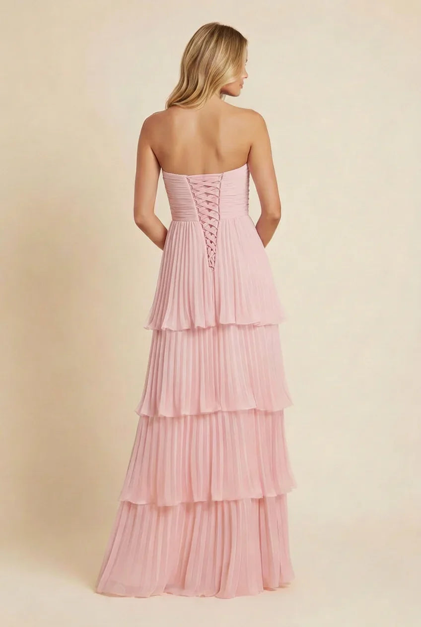 Vestido largo para mujer rosa sin tirantes con diseño en tres capas