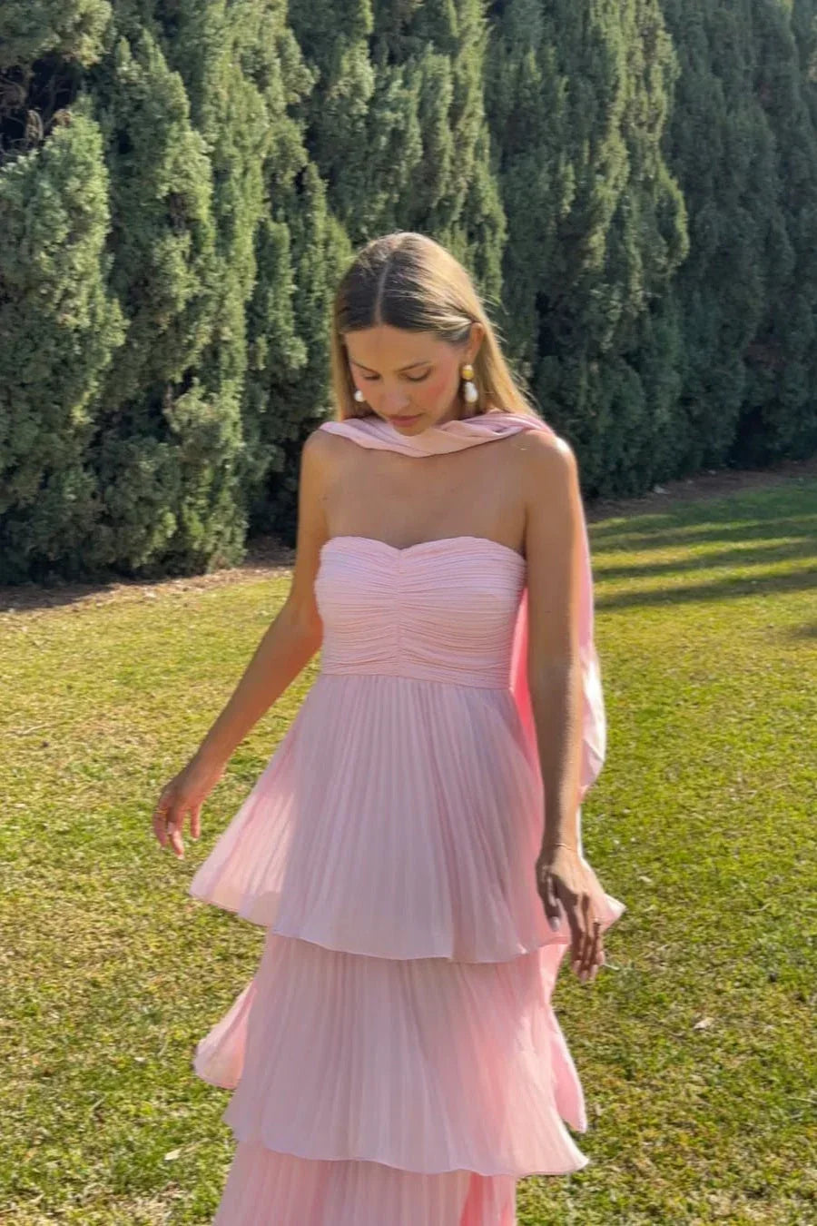 Vestido largo para mujer rosa sin tirantes con diseño en tres capas