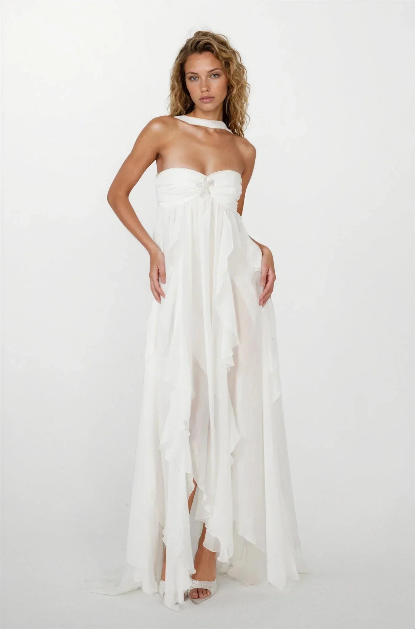 Vestido largo rosa con volantes para mujer
