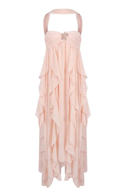 Vestido largo rosa con volantes para mujer